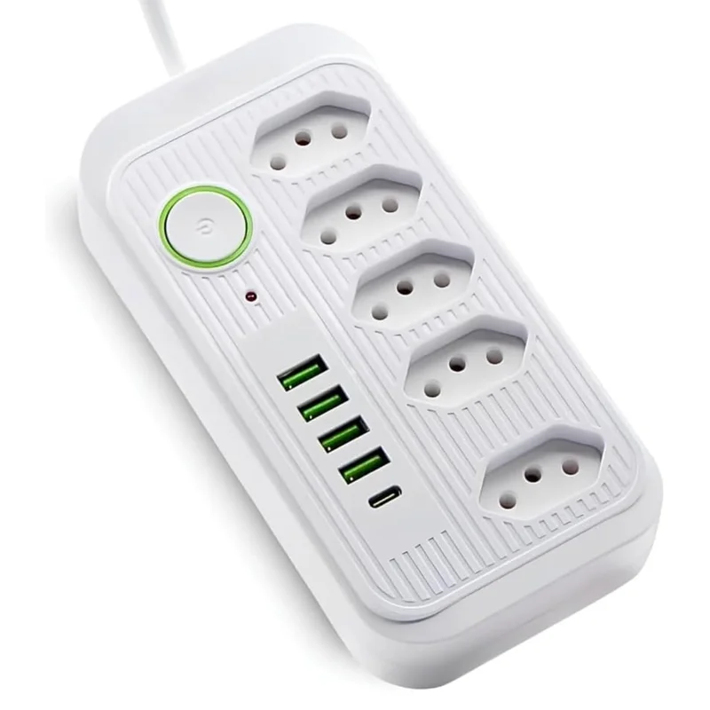 Filtro de Linha Extensão Tomada Cabo 2 Metros Régua Energia Elétrica 5 Tomadas 4 USB 1 USB-C 110-220V Potência 2500W 10A (BRANNCO)