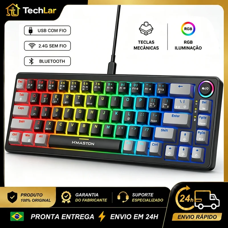 Teclado Mecânico Gamer RGB 68 Teclas Eixo Vermelho USB+2.4G+BT ABNT2 TK08