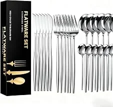 AUXOM Faqueiro 24 Peças em Aço Inox 430 - Jogo de Talheres Premium com Caixa Litografada, Polido e Espelhado de faca e garfo Conjunto para Mesa Posta e Utensílios de Casa/Restaurante (Prata)