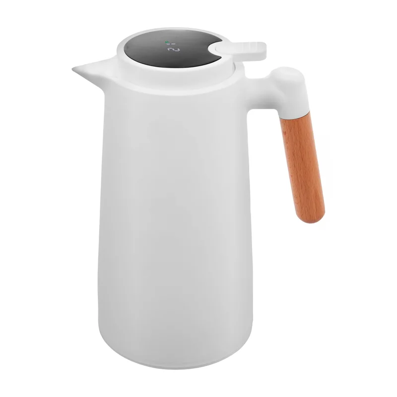 LYOR - Garrafa Térmica de Plástico com Cabo de Madeira e Termômetro Branca 1L - Utensílios de Cozinha - Mesa Posta - Decoração - Itens Para Casa - Perfeita Para Café e Chá