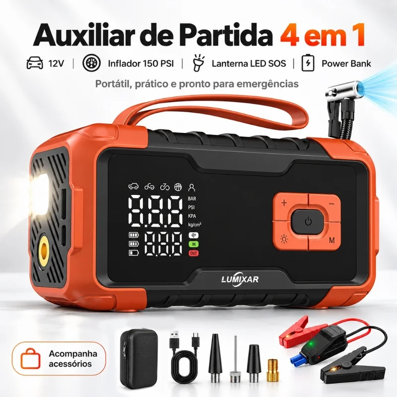 Kit Auxiliar Partida 4 em 1 26800mAh 150PSI Compressor Ar Power Bank Lanterna Carregador 12V Portatil Veicular