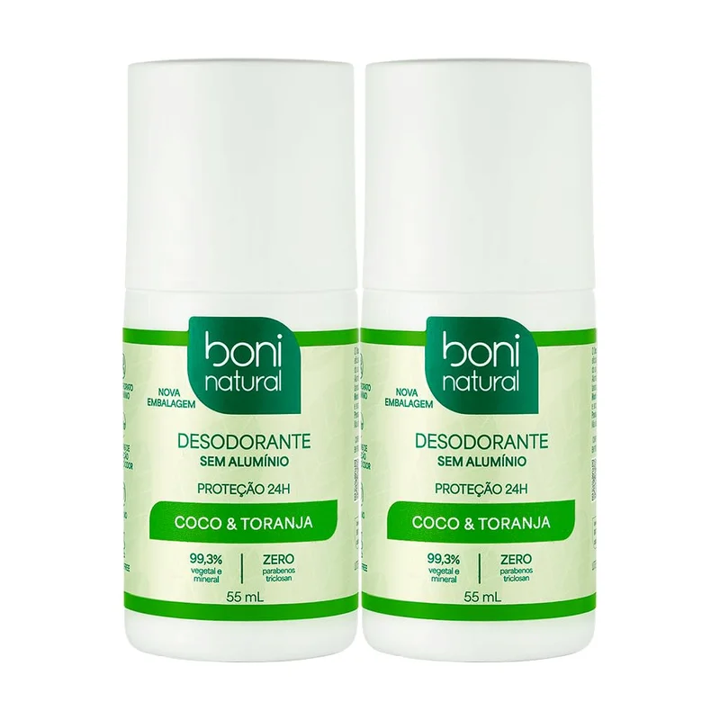 BONI NATURAL - Desodorante Roll-On sem Alumínio, Natural, Vegetal e Vegano, Coco e Toranja, 55ml, 2 unidades Leve Mais Pague Menos