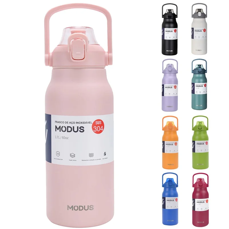 Garrafa Térmica De Viagem Inox 1700ml Água Com Canudo (Rosa)