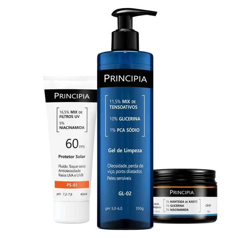 Principia Kit Peles Sensíveis c/ Gel de Limpeza Gl-02 + Creme Hidratante CH-01 + Protetor Solar PS-01 FPS 60