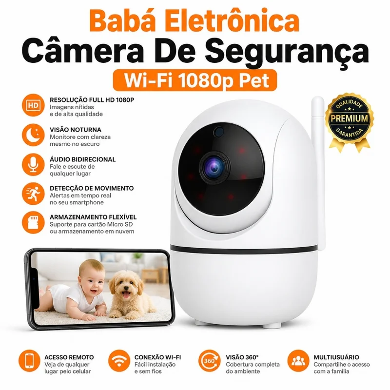 Babá Eletrônica Câmera De Seguraca Wi-Fi 1080p Pet Giratória Visão Noturna Infravermelho Microfone