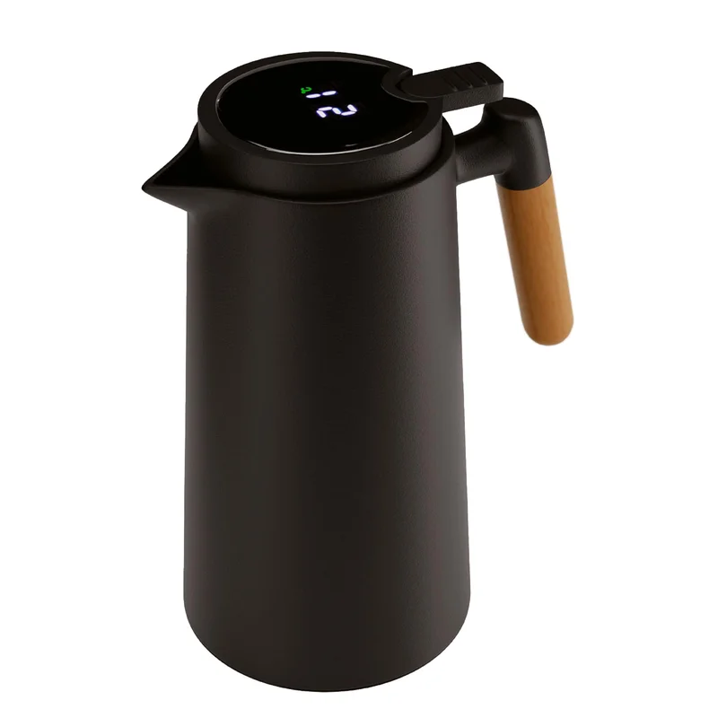 LYOR - Garrafa Térmica de Plástico com Cabo de Madeira e Termômetro Tap Preta 1L - Utensílios de Cozinha - Mesa Posta - Decoração - Itens Para Casa - Perfeita Para Café e Chá