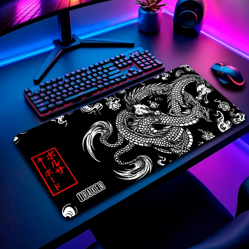Mouse Pad Gamer Traxen 32x27cm / 60x30cm / 70x35cm Estampas Dragao Chines + Porta Copo
