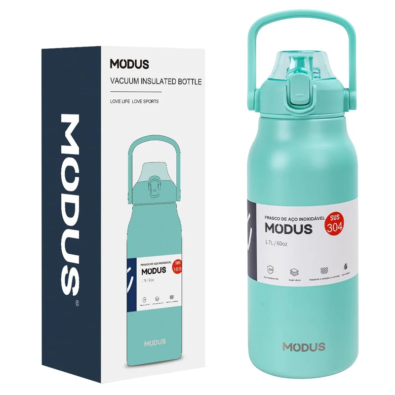 Garrafa Térmica Isolada a Vácuo De Aço Inoxidável 304 1700ML Grande Capacidade Com Canudo (Azul Água)