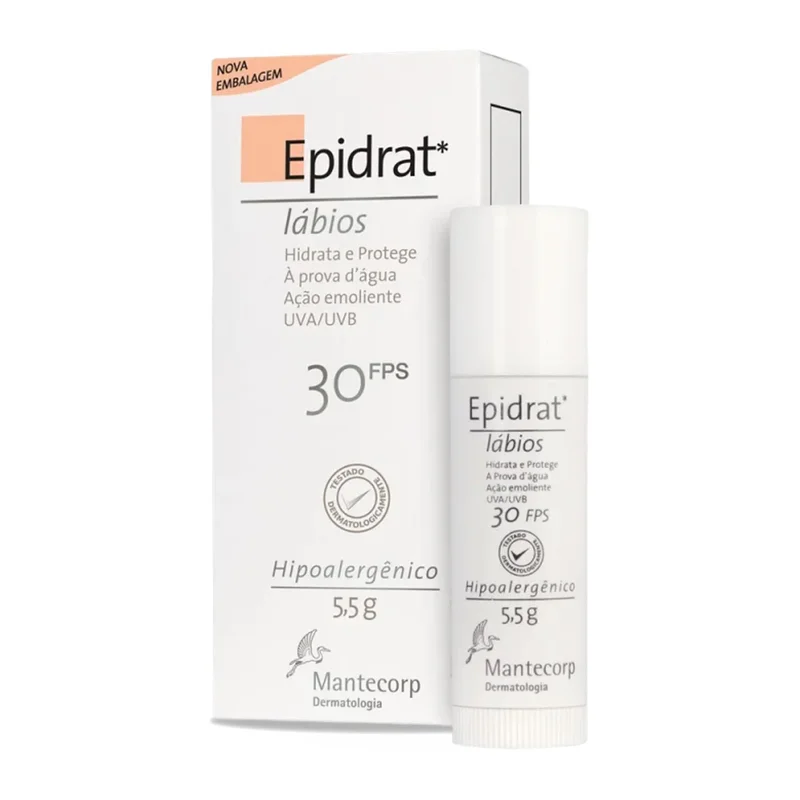 MANTECORP - Hidratante Labial Epidrat Lábios FPS 30 - Hidratação para Lábios Rssecados, Resistente à Água, Manteiga de Karité - Bastão 5,5g
