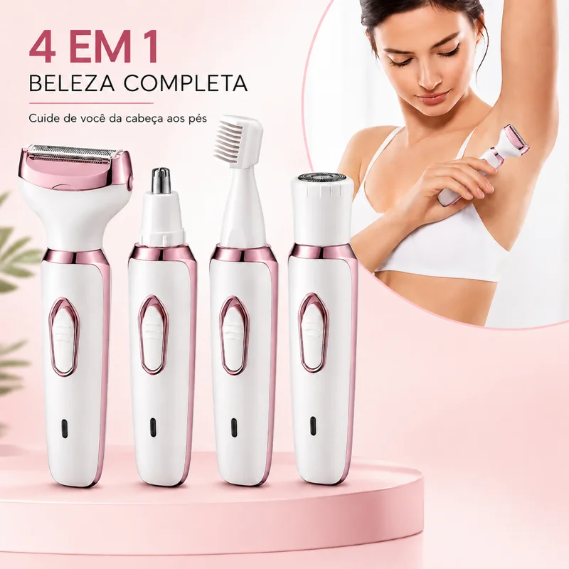 Barbeador Elétrico Feminino 4 Em 1 Depilador Aparador Corpo Íntimo Facial Nariz USB Recarregável
