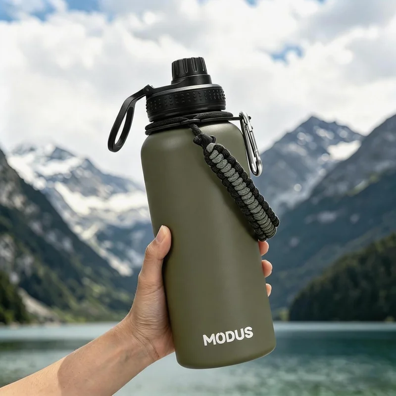 MODUS Garrafa Térmica 950ml – 24h Gelada, Alça Paracord, Tampa Antivazamento, sem BPA (Verde Oliva)