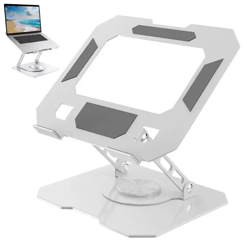 Suporte para Notebook e Laptop de até 17" MTS, Tablets e Celulares, Aço Carbono, Ajustável, Dobrável, Base Giratória 360° e Aberto para Ventilação, Suporta até 10kgs, Ergonômico Portátil (Branco)