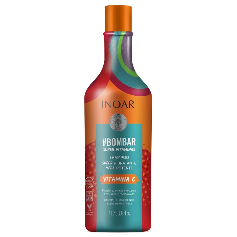 Inoar, Bombar, Shampoo Fortalecedor, Crescimento e Hidratação Diária, Biotina, Vitamina C e Blend de Manteigas, Vegano – Para Todos os Tipos de Cabelos, 1L