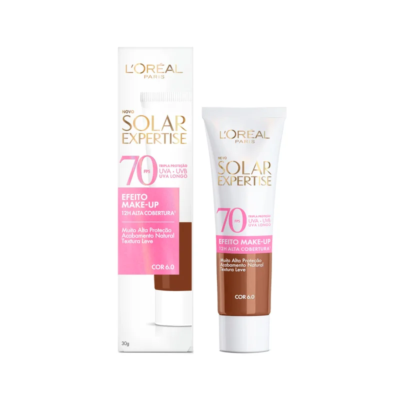 L'Oréal Paris Solar Expertise Efeito Makeup FPS 70, Protetor Solar Facial com Cor e Alta Cobertura de Base por 12H, Previne Rugas e Manchas, Cor 6.0, 40g