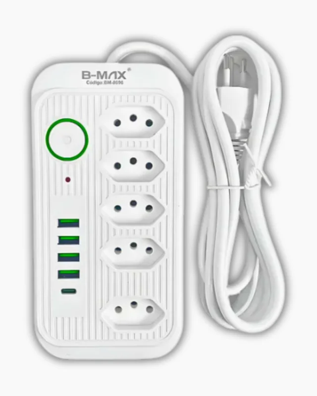 Filtro de Linha 5 Tomadas, Extensão, Régua de Energia Elétrica, Cabo 2 Metros, 4 USB A e 1 USB-C, BiVolt 110-220V, Potência de 2500W e Carregamento Inteligente Premium