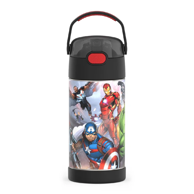 THERMOS Garrafa térmica infantil FUNTAINER, com canudo, 350 ml, Vingadores | Garrafa de água infantil isolada de aço inoxidável, mantém as bebidas frias por mais tempo para escola e lazer, sem BPA