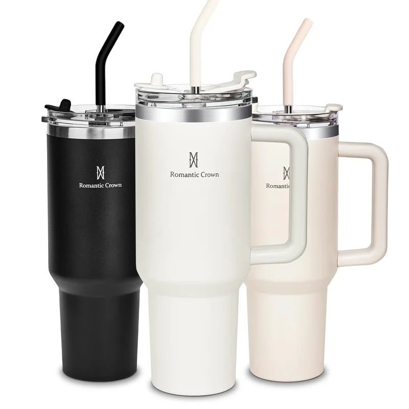 Romantic Crown Copo Térmico com Canudo Tampa e Alça 1,18L, Copos Garrafas Termico para viagem vácuo dupla camada aço inoxidável, Caneca Termica Cafe Água Chá,Presente, Fitness (Creme)