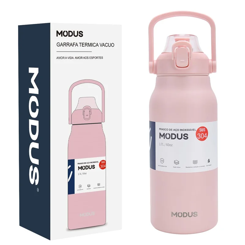 MODUS Garrafa Térmica De Grande Capacidade Inox Com Canudo 1700ML (Rosa)