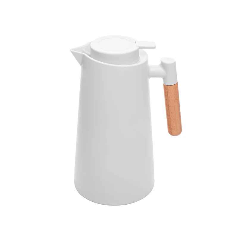 LYOR - Garrafa Térmica de Plástico com Cabo de Madeira Escandinávia Branca 1L - Mantém Bebida Quente ou Fria de 08-12 Horas