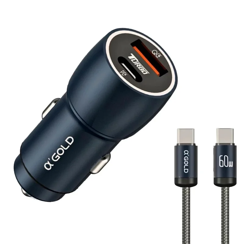 Carregador Veicular Turbo 60W Porta Dupla USB e Tipo-C Carregamento Rápido Com Cabo Lighting e Cabo Tipo C