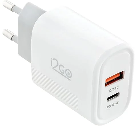 Carregador de Parede Ultra Rápido com 1 Saída USB-C Power Delivery 20W + 1 Saída USB-A 18W I2GO - i2GO PRO, Branco