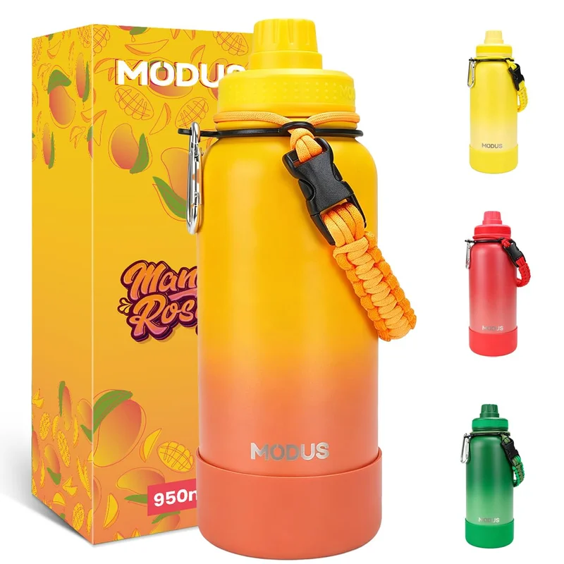 MODUS Garrafa Térmica 950ml Esportiva de Aço Inoxidável | com Isolamento a Vácuo e Base Emborrachada (Gradiente Amarelo-Laranja)