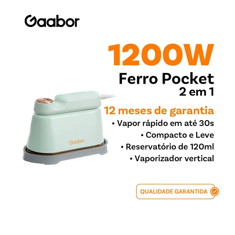 Gaabor Ferro de passar a vapor portátil em aço inoxidável resistente a altas temperaturas vapor top clean1200W HM-M01A