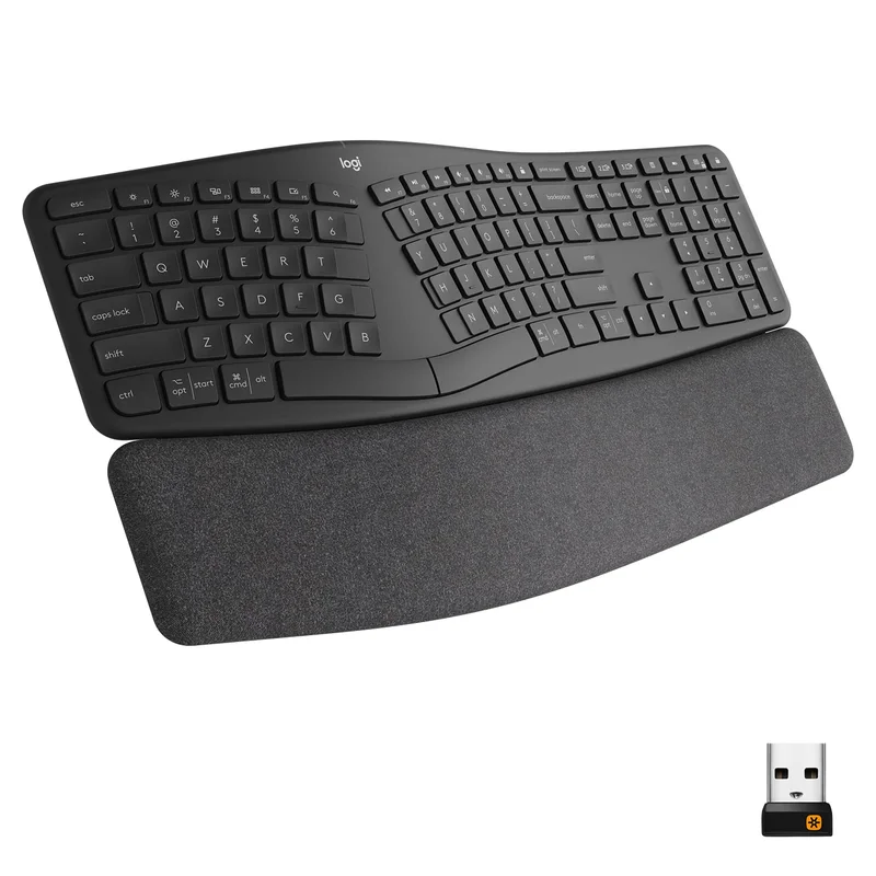 Teclado sem fio Logitech ERGO K860 com Layout de Teclado Dividido, Suporte para Descanso de Pulso, Tecido Resistente a Manchas, Conexão Bluetooth e USB - Compatível com Windows e Mac.