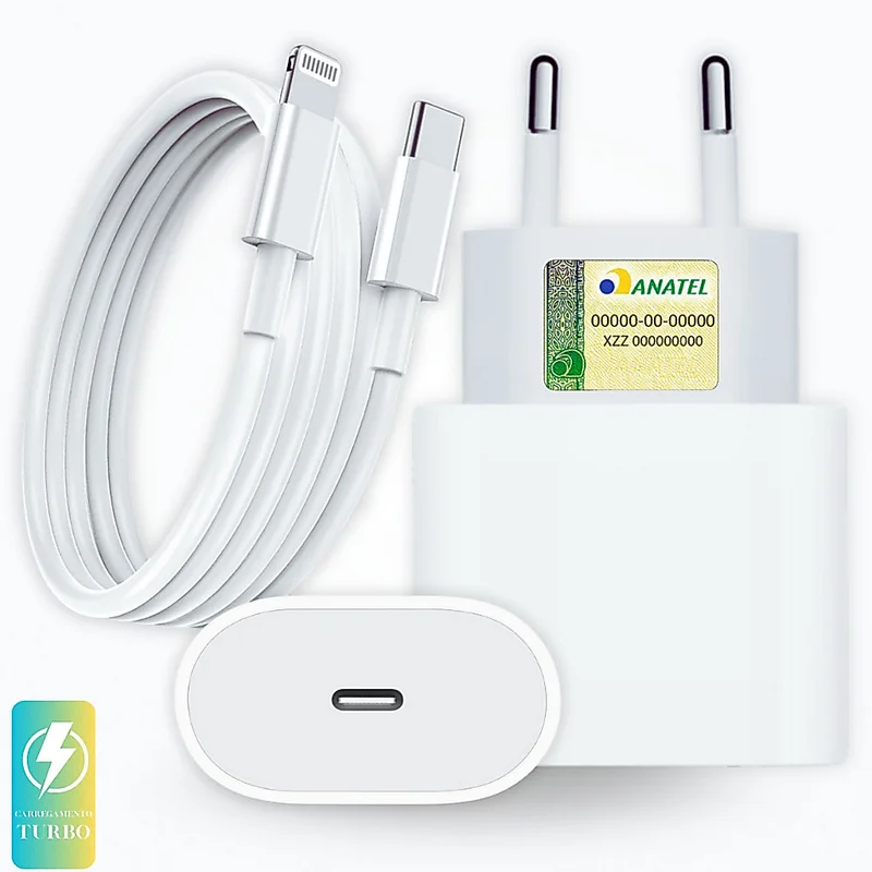 Kit Carregador iPhone Completo Turbo com Cabo Reforçado de 1M – Compatível com iPhone 8 ao 14