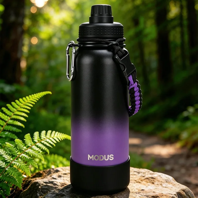 950ml Garrafa Térmica de Aço Inoxidável com Alça Paracord | Base Antiderrapante de Silicone – Mantém a Água Gelada por até 24 Horas Preto Roxo
