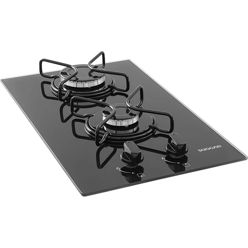 SUGGAR COOKTOP A GÁS VIDRO PRETO 2 QUEIMADORES ESMALTADOS DIFERENTES TAMANHOS FG2002AVP