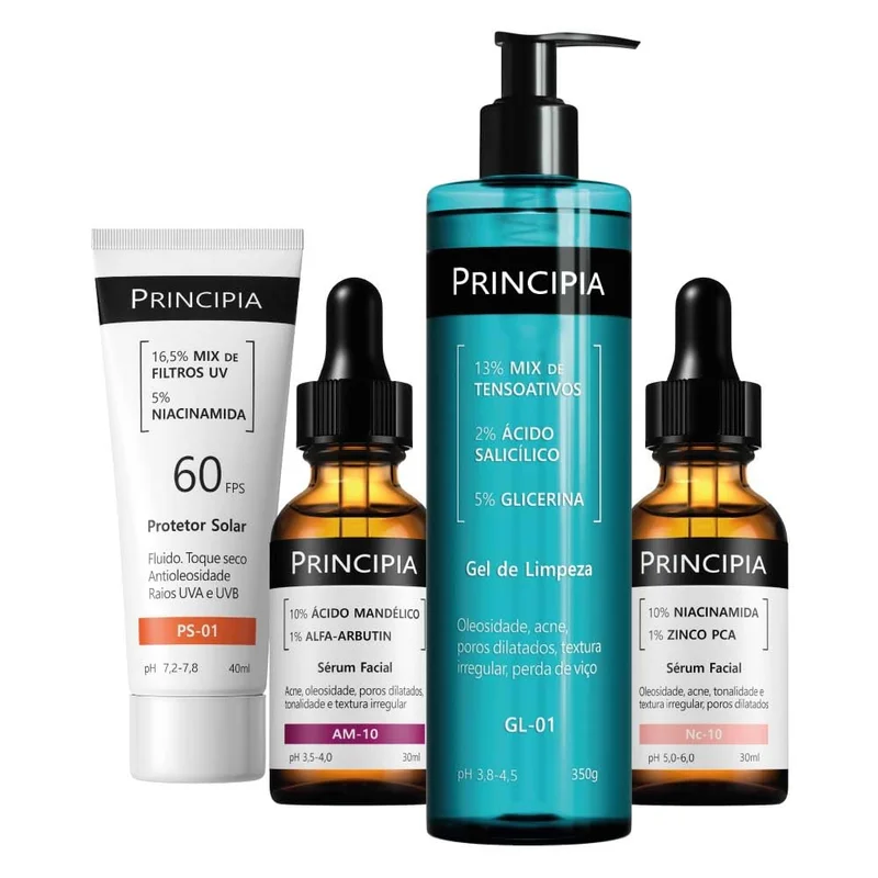 Principia Kit Anti-manchas Essencial com quatro fórmulas: um gel de limpeza com mix de tensoativos + salicílico + glicerina, um sérum de ácido mandélico + alfa-arbutin, um sérum de niacinamida + zinco PCA e um protetor solar fluido antioleosidade com mix