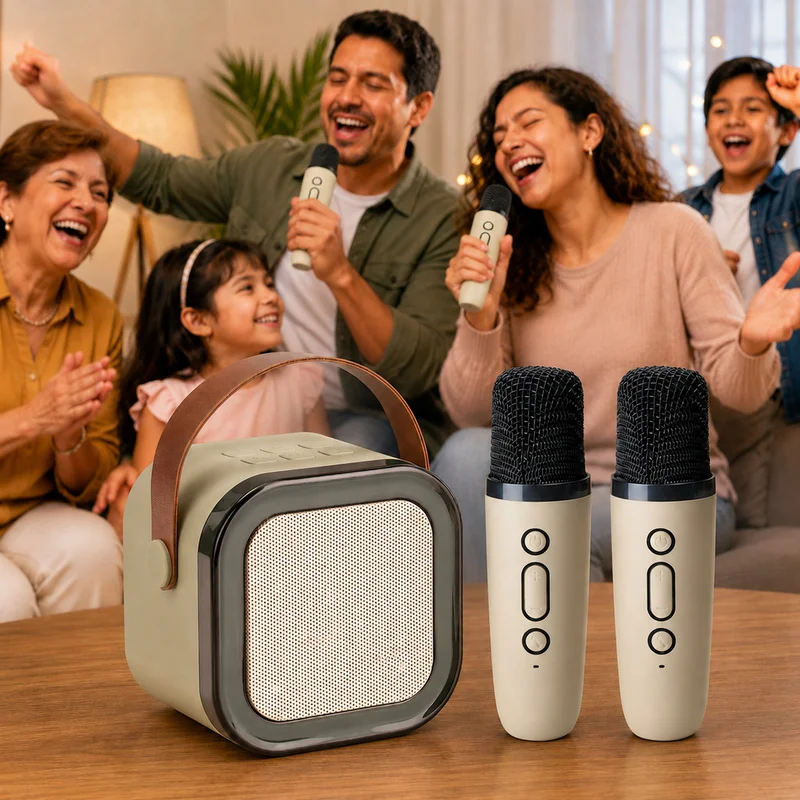 Karaokê Portátil Bluetooth com Duplo Microfone Sem Fio Caixa de Som LED