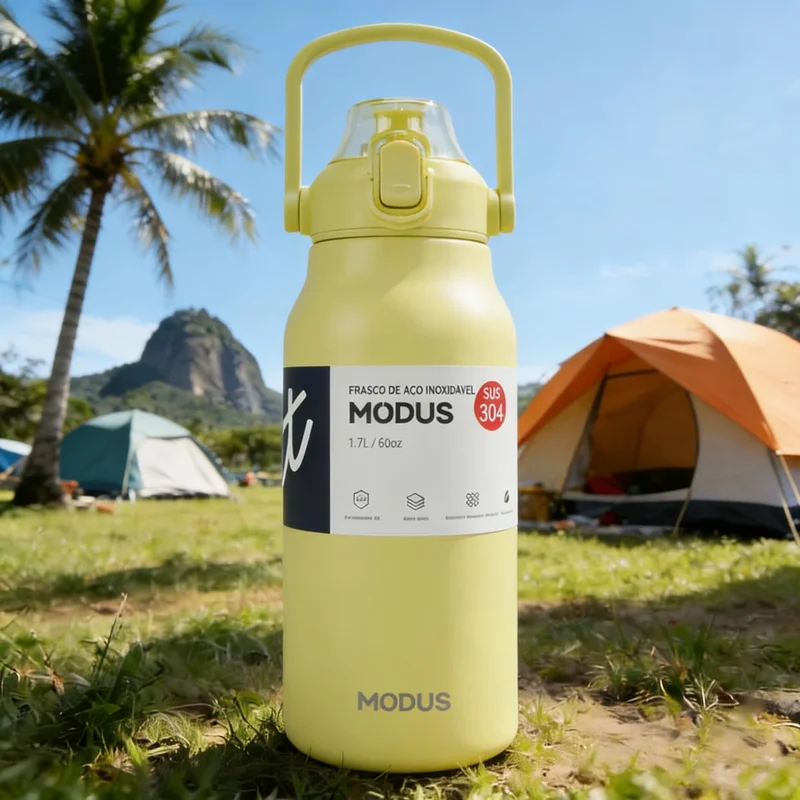Garrafa Térmica de Aço Inoxidável 1700ml com Abertura por Pressão, Alça de Transporte e Base Antiderrapante de Silicone – Mantém a Água Gelada por até 24 Horas (Amarelo)
