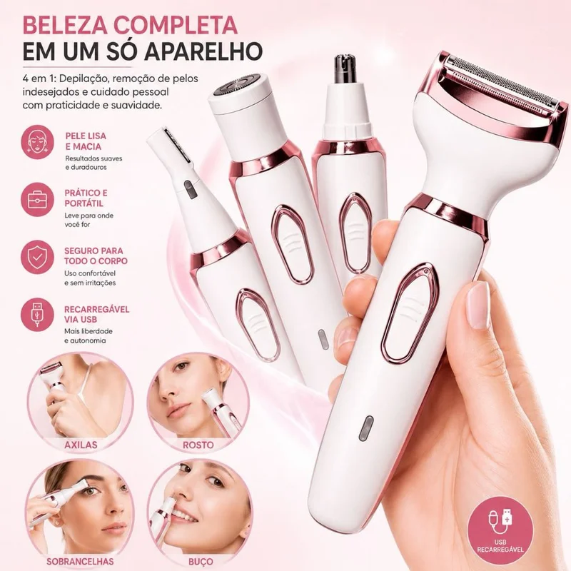Aparador Feminino 4 Em 1 Recarregável USB Depilador Sobrancelha Nariz Axila Corpo 500mAh