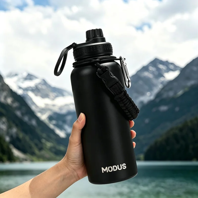 MODUS Garrafa Térmica 950ml – 24h Gelada, Alça Paracord, Tampa Antivazamento, sem BPA (Preto)