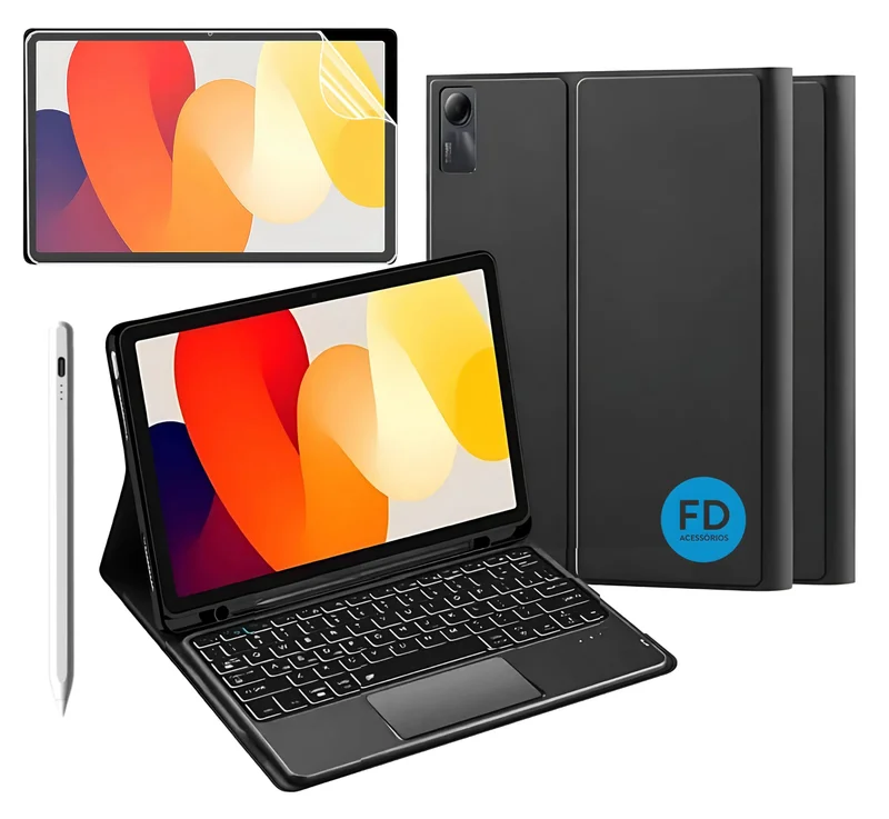 Capa com Teclado para Redmi Pad SE 11" com Mouse Touchpad e Compartimento para Caneta + Película Paperlike para Redmi Pad SE + Caneta Precision - FD Acessórios (Kit Capa + Película + Caneta)