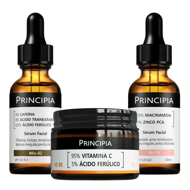 Principia Kit Anti-manchas Trio, fórmula em pó com 95% de Vitamina C Pura + Ácido Ferúlico, um sérum com 10% de Niacinamida + Zinco e um sérum com 5% de Cafeína + Ácido Tranexâmico