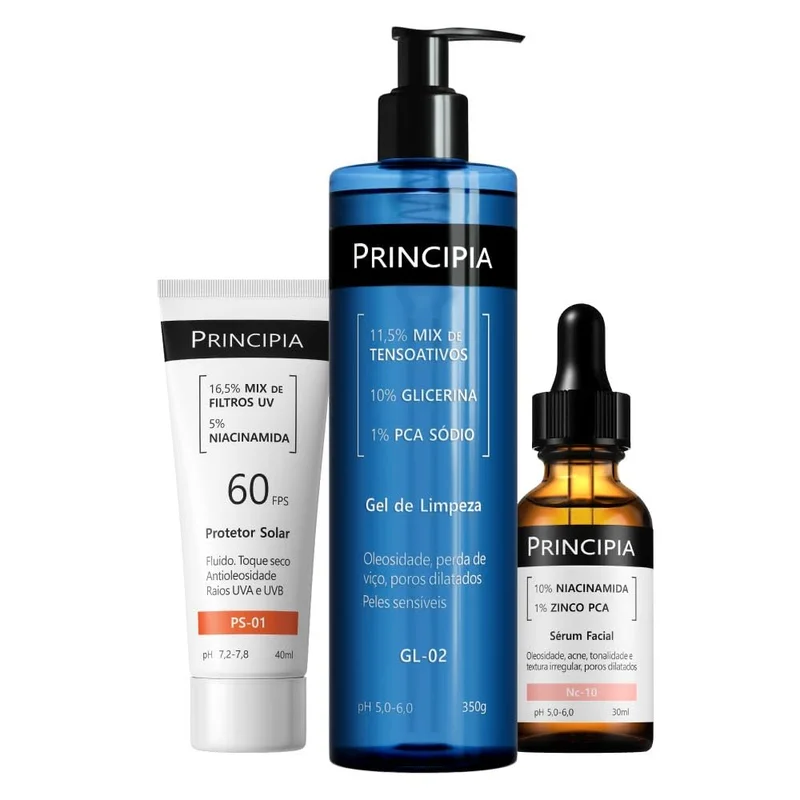 Principia, Kit Anti Oleosidade com um um gel de limpeza com mix de tensoativos + PCA sódio + glicerina, um sérum de niacinamida + zinco pca e um protetor solar fluido antioleosidade com mix de filtros + niacinamida, FPS 60, toque seco e com eficácia contr