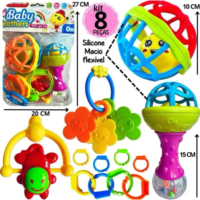 Kit Brinquedo Bebe Chocalho Mordedor Silicone Macio Bola Colorida 8 Peça Presente Para Menina e Menino Móbile para Berço