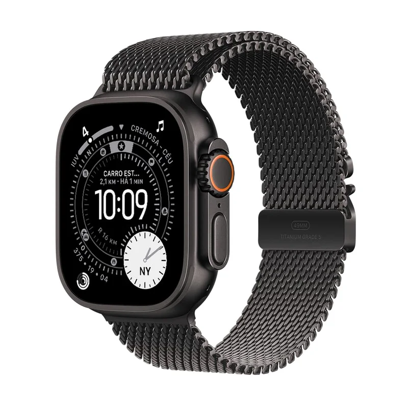 Apple Watch Ultra 3 GPS + Cellular, Caixa em titânio preto de 49 mm com Loop milanesa em titânio preto ‑ M