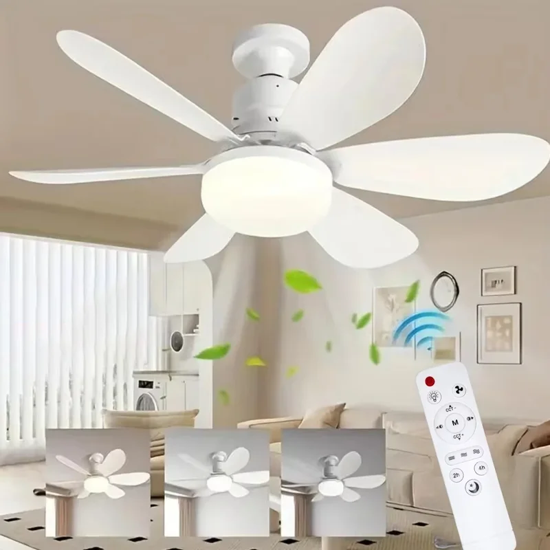 Ventilador de Teto 80W Lâmpada 3 Cores E27 Silencioso Bivolt 2 em 1 Controle Remoto PREMIUM Branco