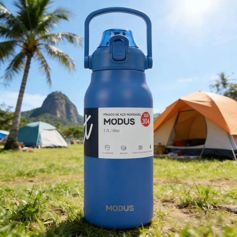Garrafa Térmica de Aço Inoxidável 1700ml com Abertura por Pressão, Alça de Transporte e Base Antiderrapante de Silicone – Mantém a Água Gelada por até 24 Horas (Azul)