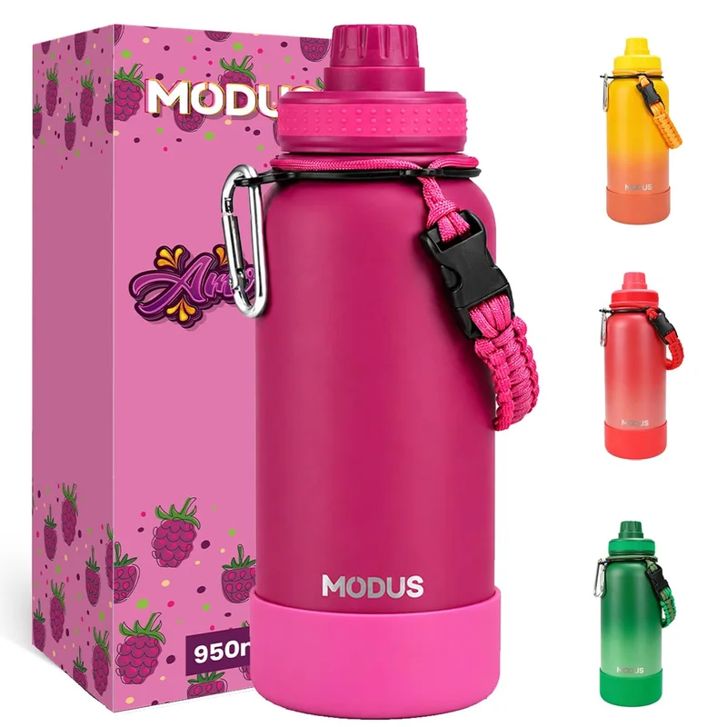 MODUS Garrafa Térmica 950ml Esportiva de Aço Inoxidável com Isolamento a Vácuo e Base Emborrachada (Gradiente Rosa-Vermelho)