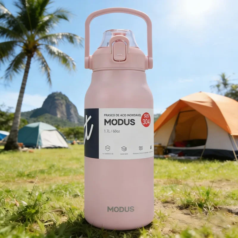 Garrafa Térmica de Aço Inoxidável 1700ml com Abertura por Pressão, Alça de Transporte e Base Antiderrapante de Silicone – Mantém a Água Gelada por até 24 Horas (Rosa)