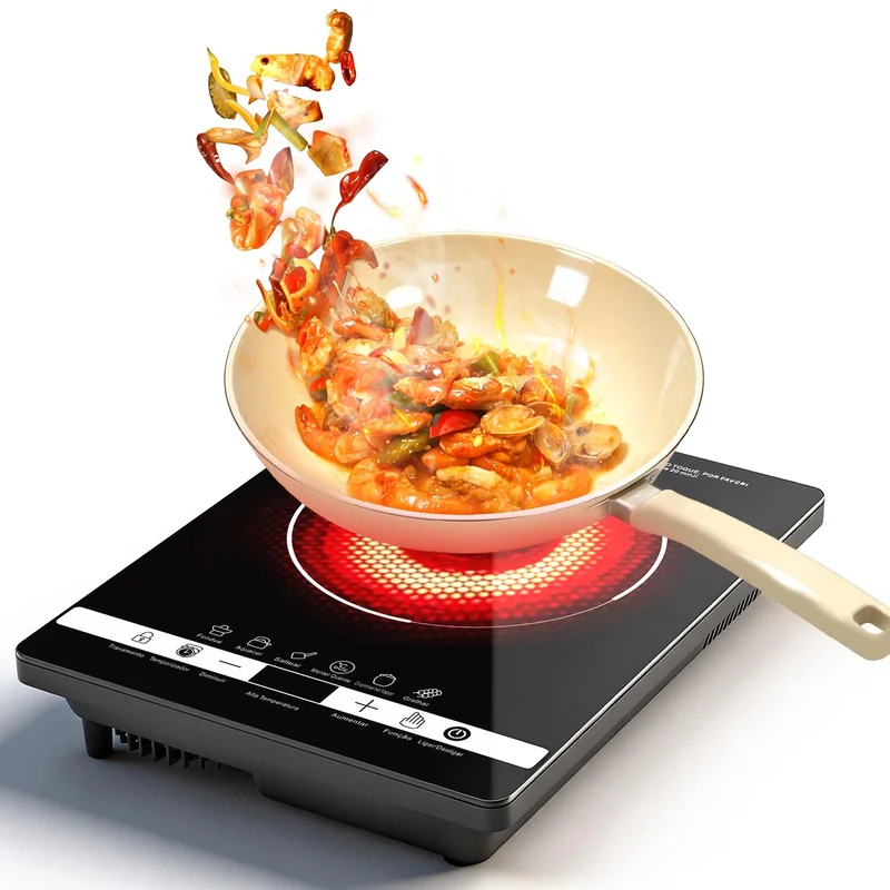 Cooktop Elétrico Portátil por Infravermelho 2200W, 14 Níveis de Temperatura - Compatível com Todos os Tipos de Panela, Temporizador, Função Travamento Infantil, 110V (Alternativa a Fogão de Indução)
