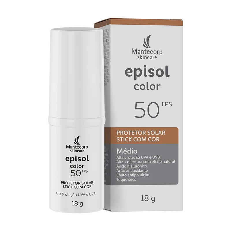 MANTECORP - Protetor Solar Facial Episol Color Stick FPS 50 - Alta Proteção UVA e UVB, Protetor Solar Bastão, Aplicação Fácil - Tom Médio - 16g
