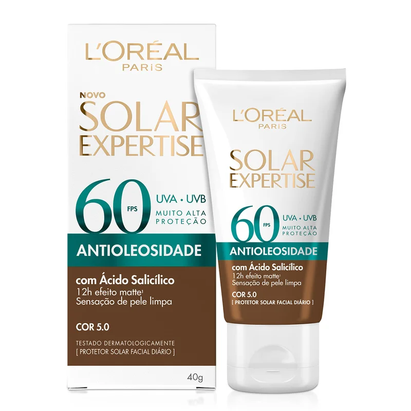 L'Oréal Paris Solar Expertise Protetor Solar Facial Antioleosidade FPS60 Efeito Matte com Ácido Salicílico, Alta Proteção de Amplo Espectro, Cor 5.0 Negra, 40g