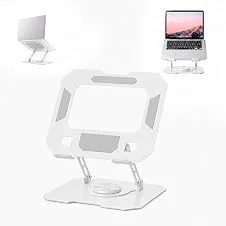 Suporte para Notebook e Laptop de até 17" MTS, Tablets e Celulares, Aço Carbono, Ajustável, Dobrável, Base Giratória 360° e Aberto para Ventilação, Suporta até 10kgs, Ergonômico Portátil (Branco)