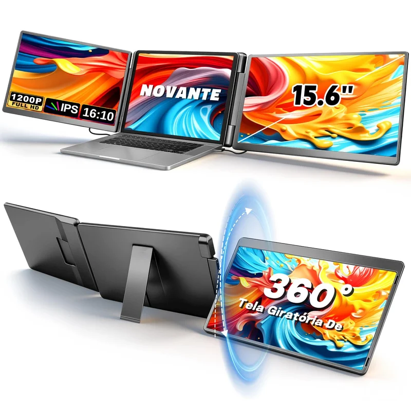 NOVANTE Monitor Duplo Portátil para Notebook 15.6" - Expansor de Telas Triplo com Design 360°, Tela IPS FHD 1080p 60Hz, Baixa Luz Azul, Compatível com Windows/Mac/Switch (Cabos Inclusos)